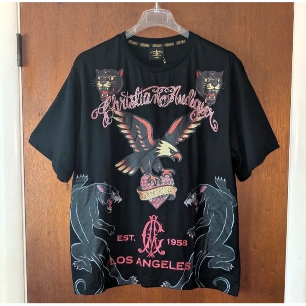 Christian Audigier Tattoo Print Rhinestone Vtg. 90s Style T-shirt Mens size XL